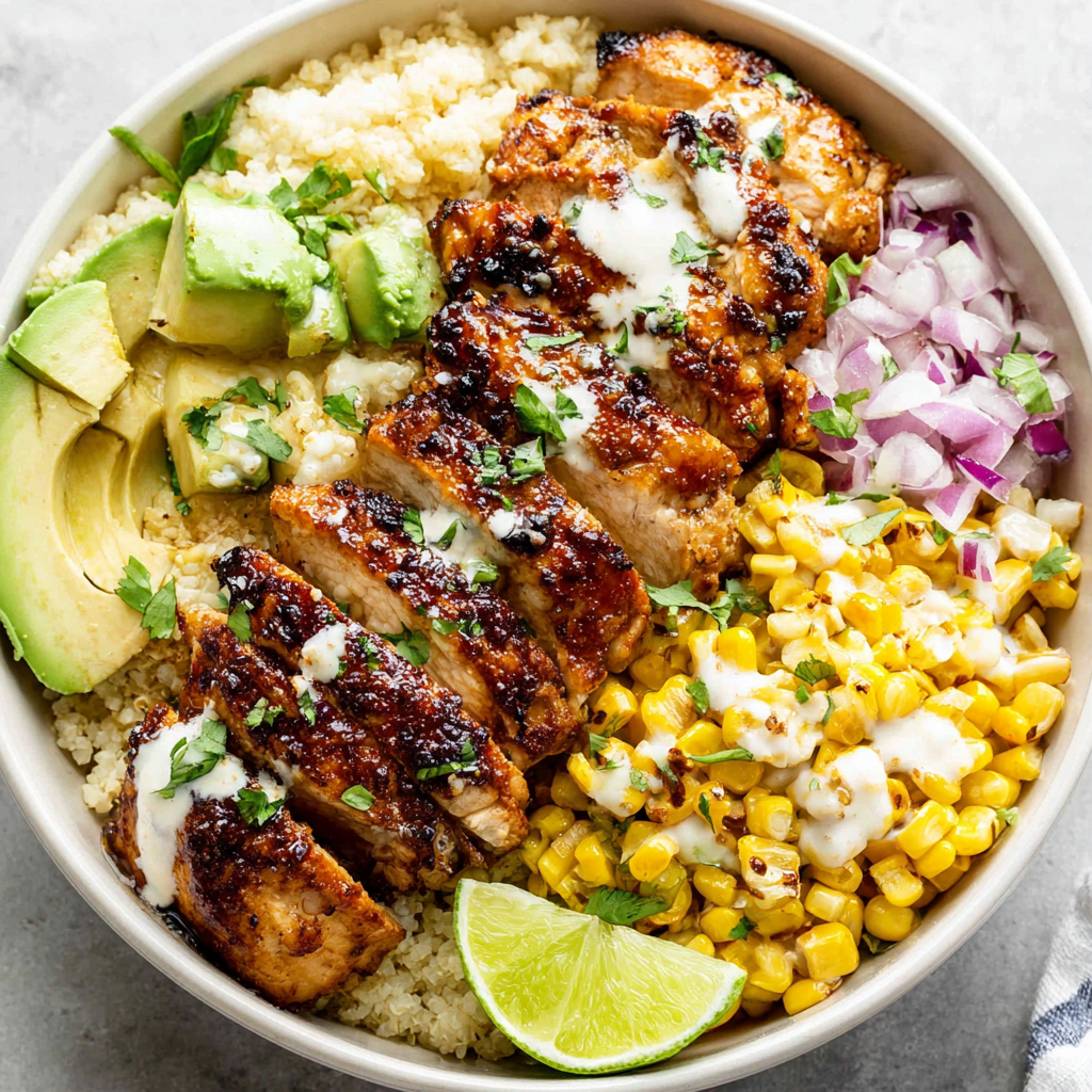 Street corn chicken bowl recipe image showcases a vibrant and easy-to-make Mexican-inspired meal with grilled chicken, charred corn, and fresh toppings.