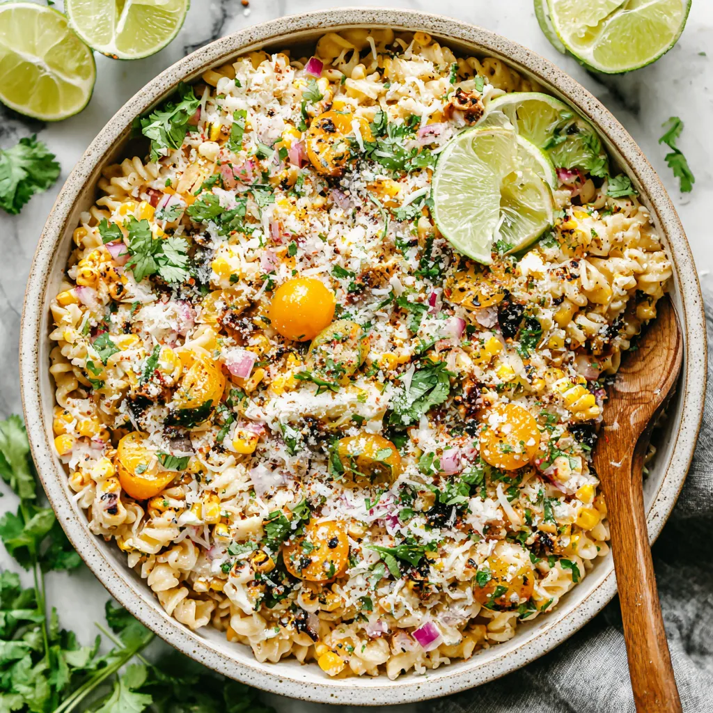 Easy Mexican Street Corn Pasta Salad featured image showcasing a vibrant bowl of the dish, highlighting its colorful ingredients and quick 30-minute preparation time.