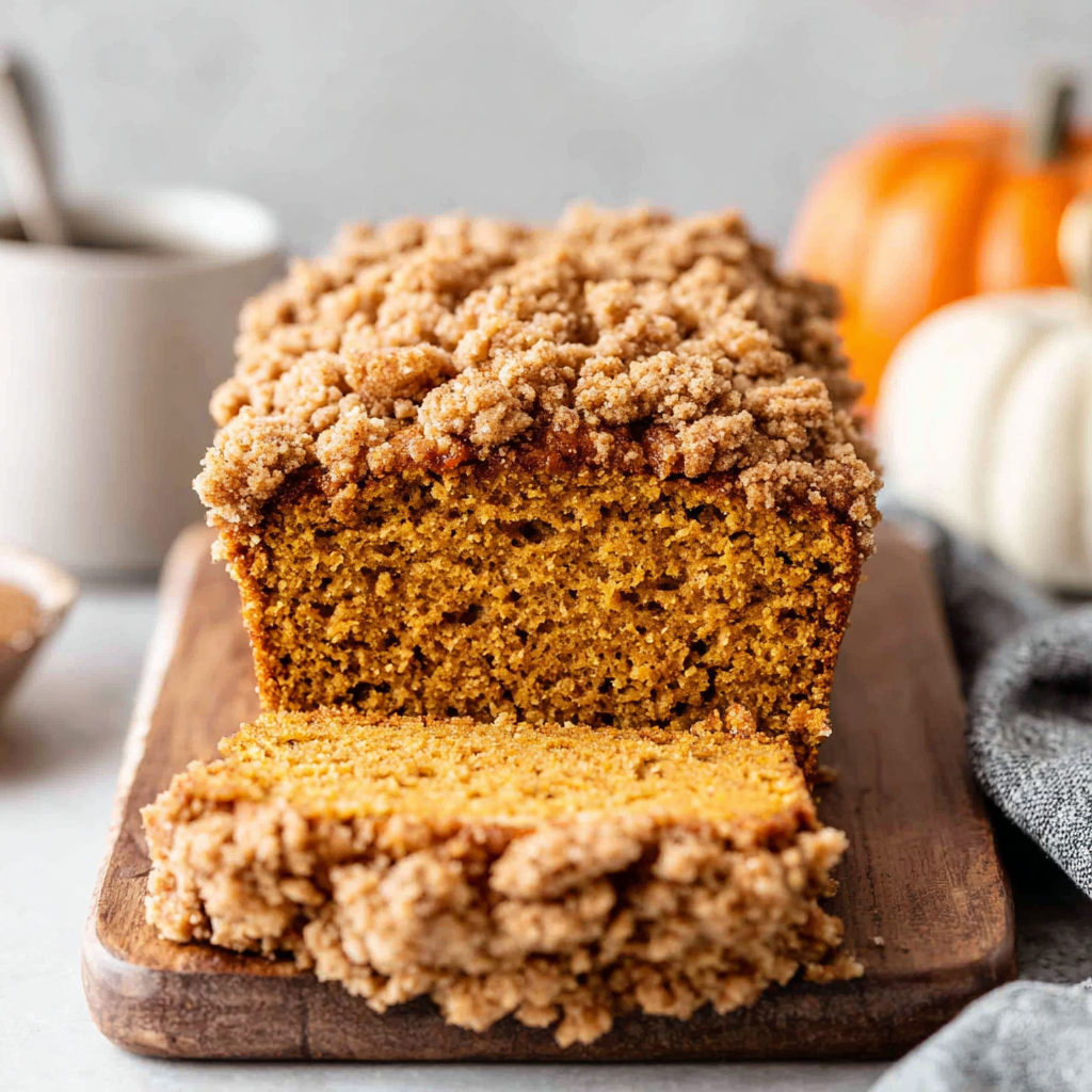 Easy pumpkin bread with crumb topping is shown fresh out of the oven, ready to be enjoyed.