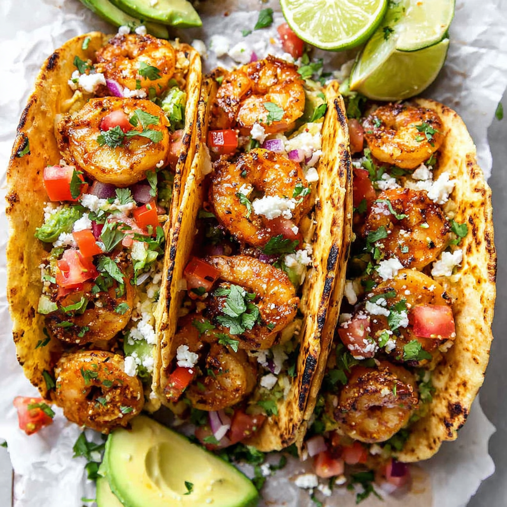 Easy shrimp tacos are ready in minutes and feature seasoned shrimp, fresh toppings, and a squeeze of lime.
