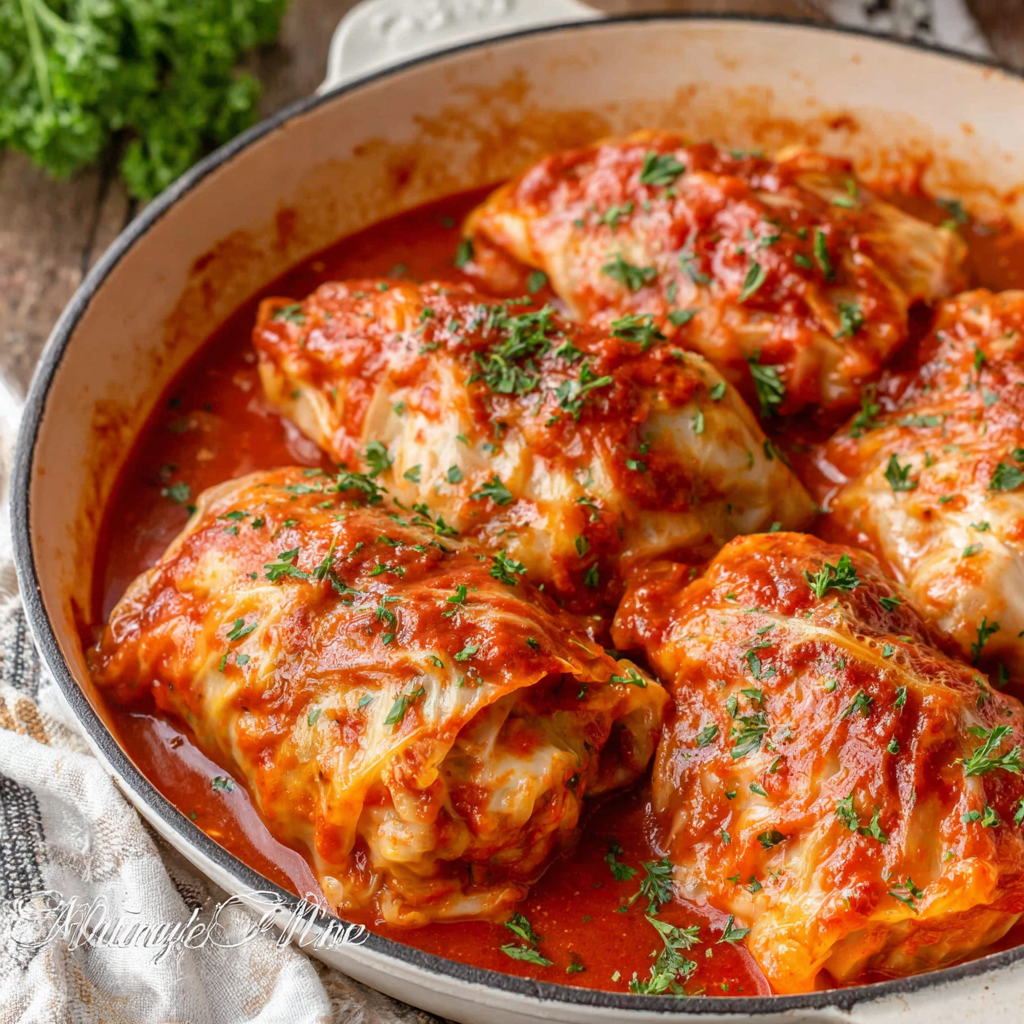 Easy cabbage roll recipe featured image showcasing delicious, stuffed cabbage leaves simmering in a rich tomato sauce.
