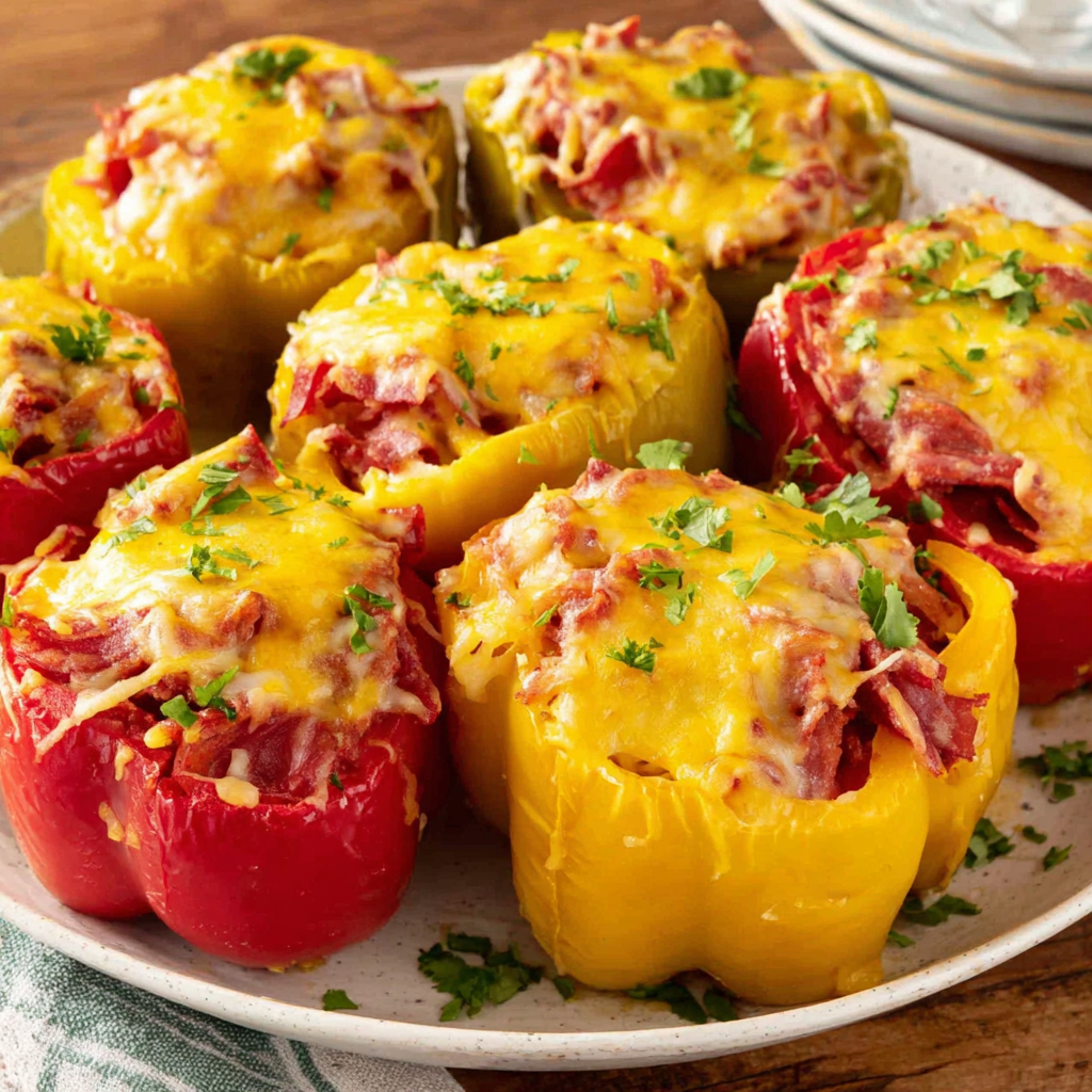 Easy slow cooker stuffed bell peppers, a cheap and delicious fall recipe, are pictured in a colorful and appetizing display.