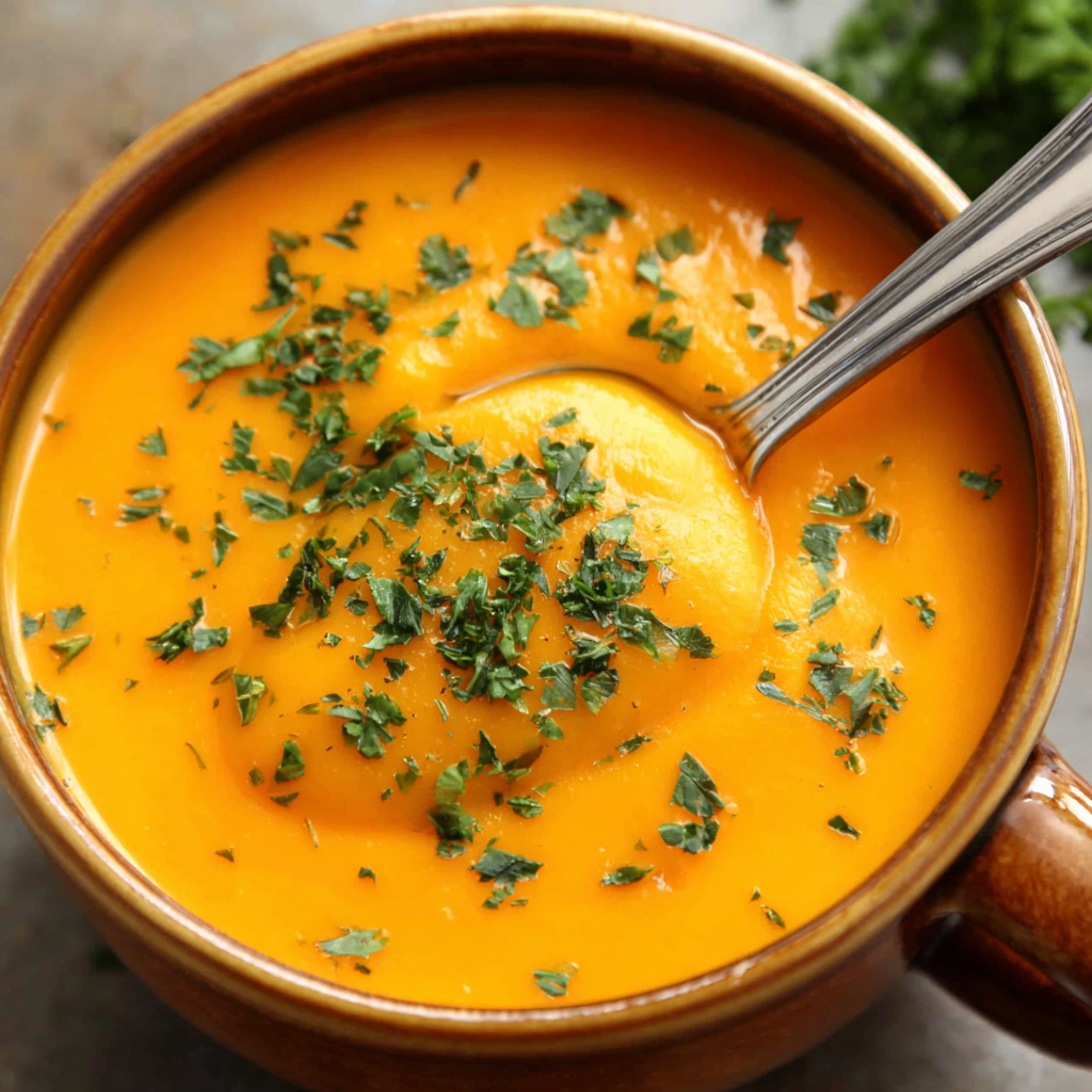 Delicious and vibrant spicy butternut squash sweet potato soup is featured, highlighting its appealing texture and color in this recipe article.