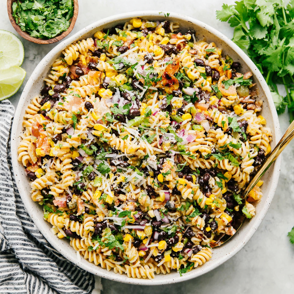 Healthy street corn pasta salad features vibrant colors and textures, showcasing a quick and easy recipe.