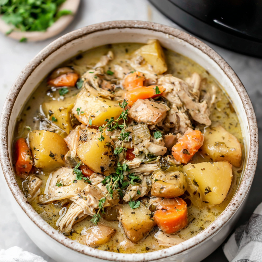 Easy slow cooker chicken stew simmering in a crock pot, showcasing a comforting and flavorful meal perfect for a simple weeknight dinner.