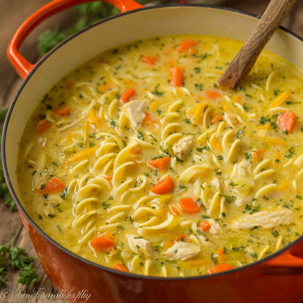 Easy creamy chicken noodle soup in a white bowl shows a comforting and simple recipe perfect for a quick dinner.