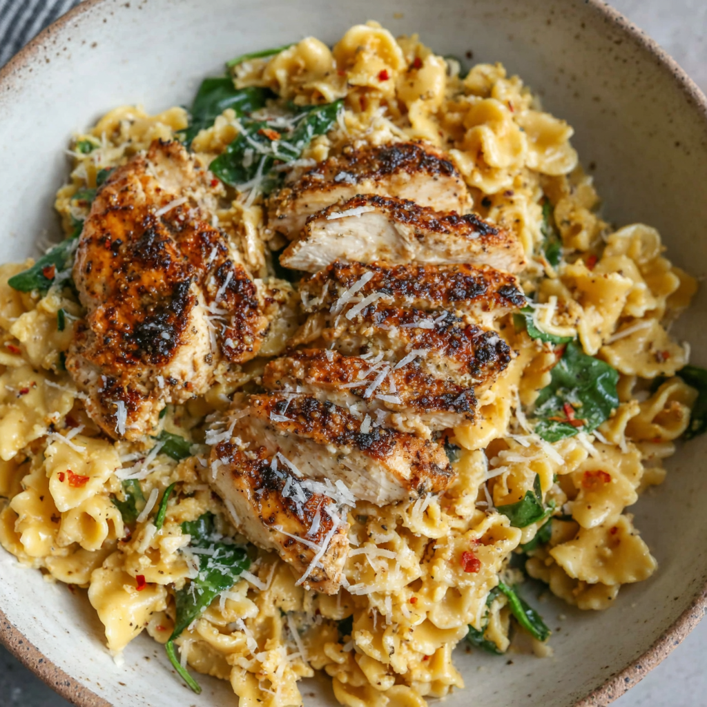 Creamy Parmesan Chicken Pasta features tender chicken and perfectly cooked pasta coated in a rich, cheesy sauce.