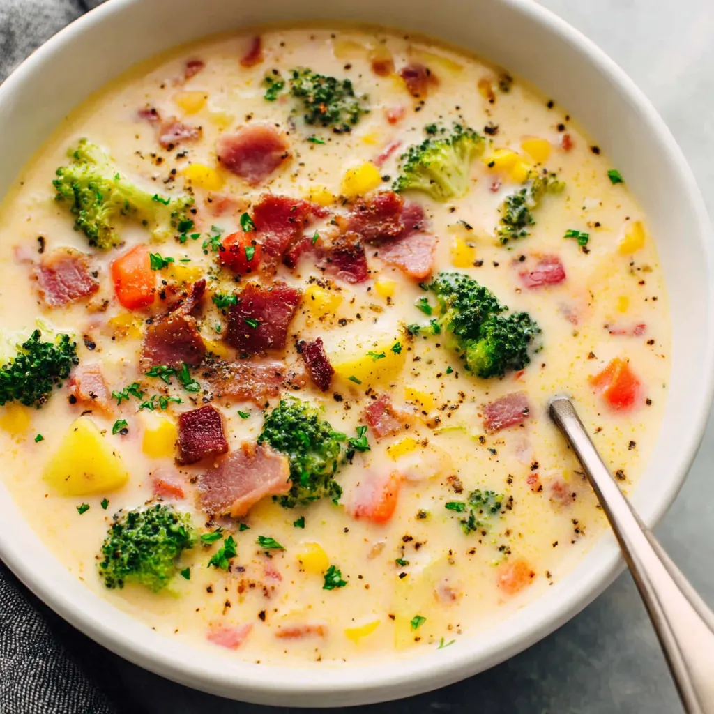 Easy creamy vegetable soup is pictured in a bowl, showcasing its smooth texture and colorful assortment of vegetables.
