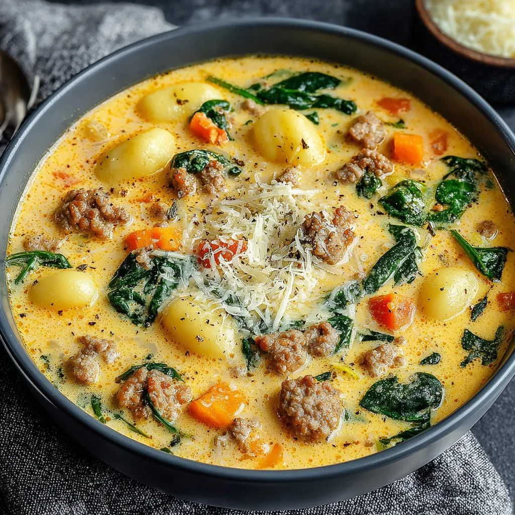 Creamy Italian Sausage Gnocchi Soup served in a white bowl showcases the soup's rich texture and inviting appearance for a quick and easy 30-minute meal idea.