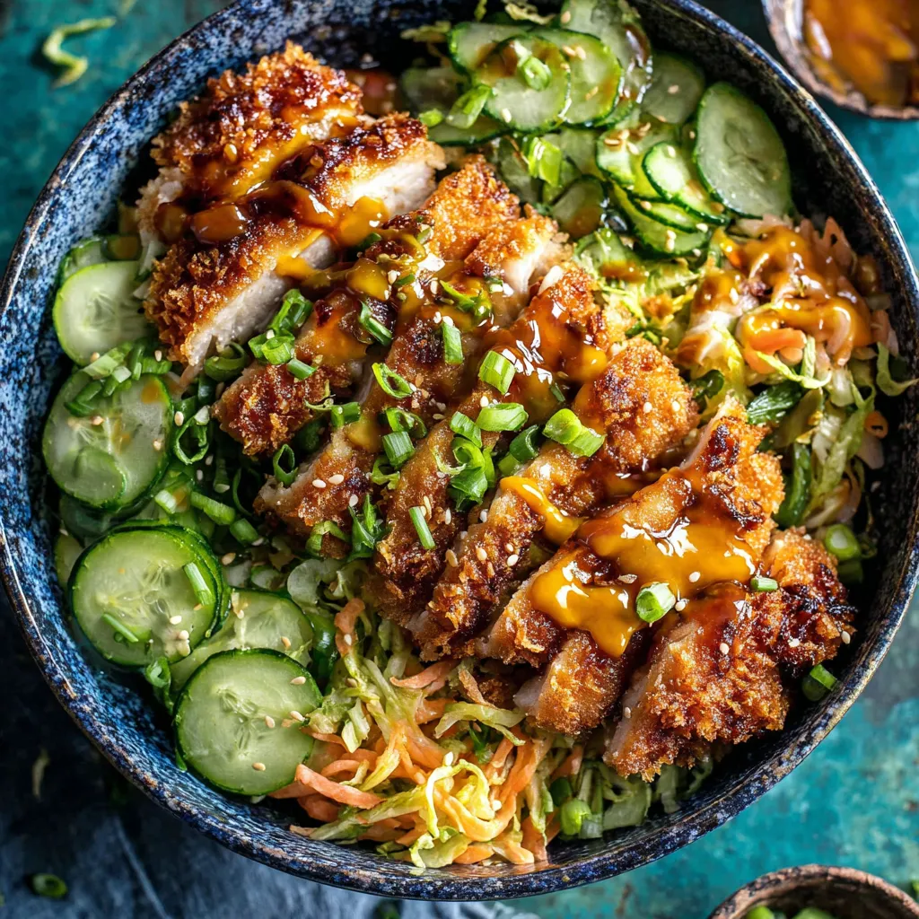 Close up of a delicious crispy Japanese katsu bowl ready to eat, showcasing the golden-brown breaded pork cutlet and vibrant toppings, highlighting the quick and easy 30-minute recipe.