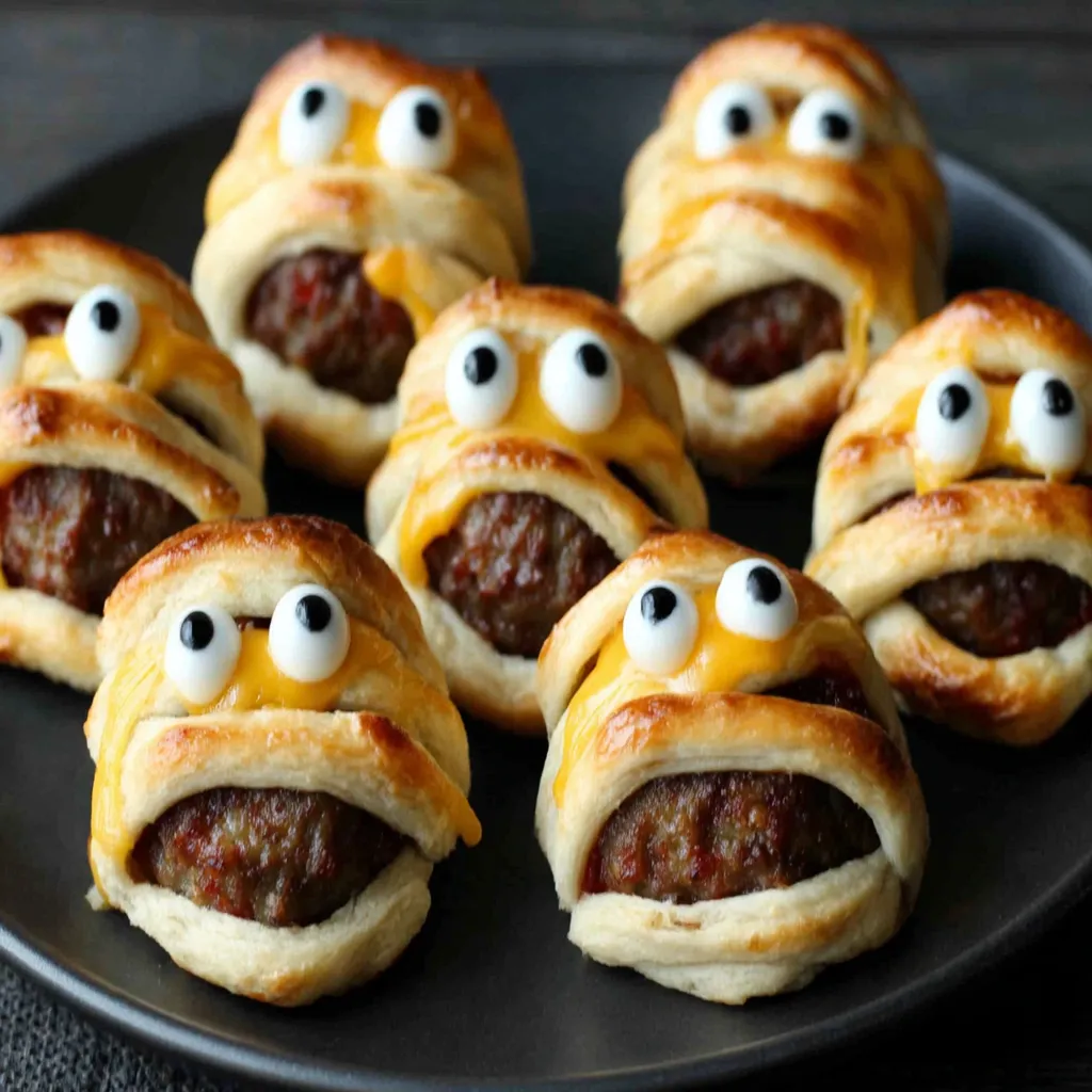 Meatball mummies, an easy and spooky Halloween dinner, are displayed as a close-up second image showing their details like mustard eyes and pastry wrappings.