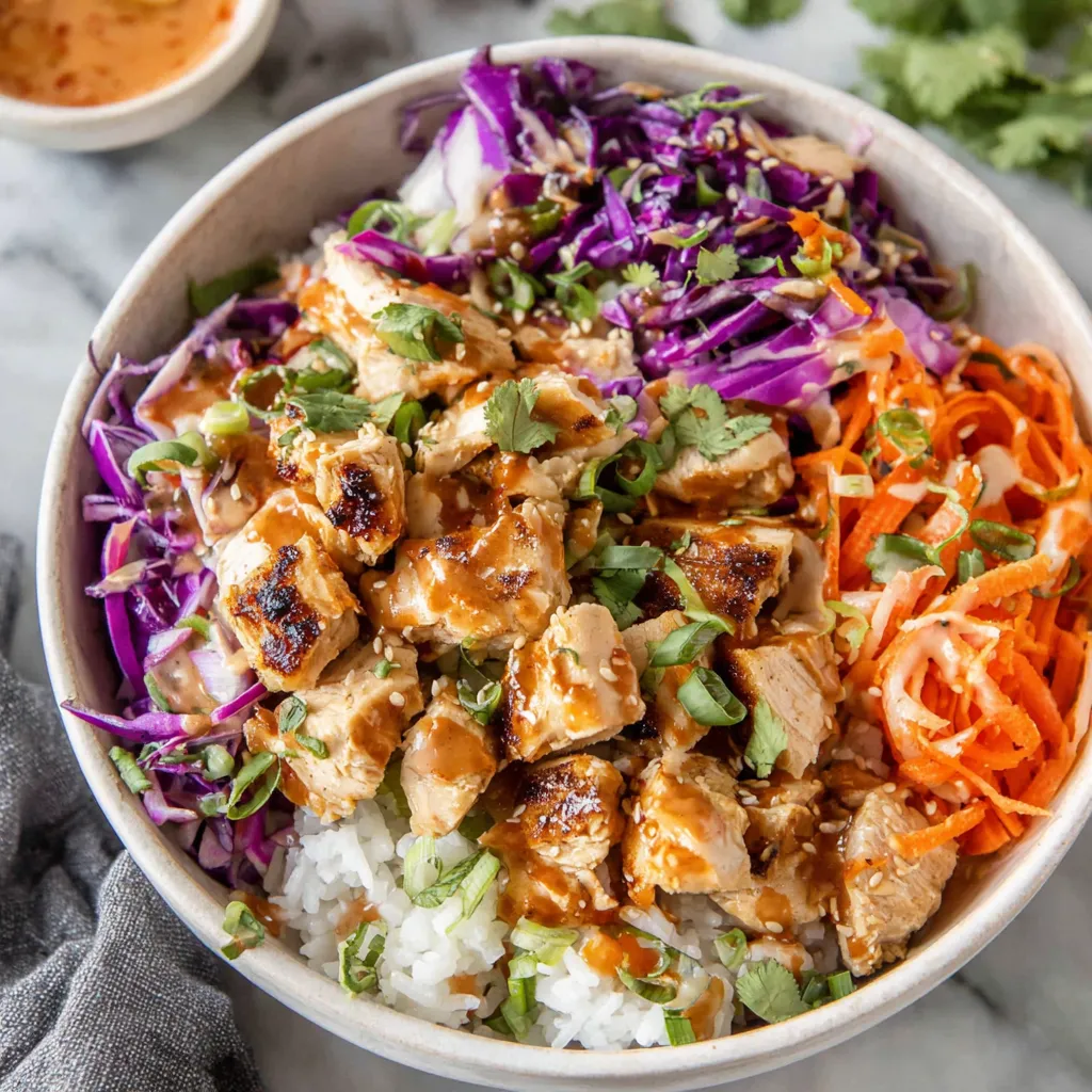 Close-up shot showcasing the delicious textures and vibrant colors within a prepared Bang Bang Chicken Bowl.