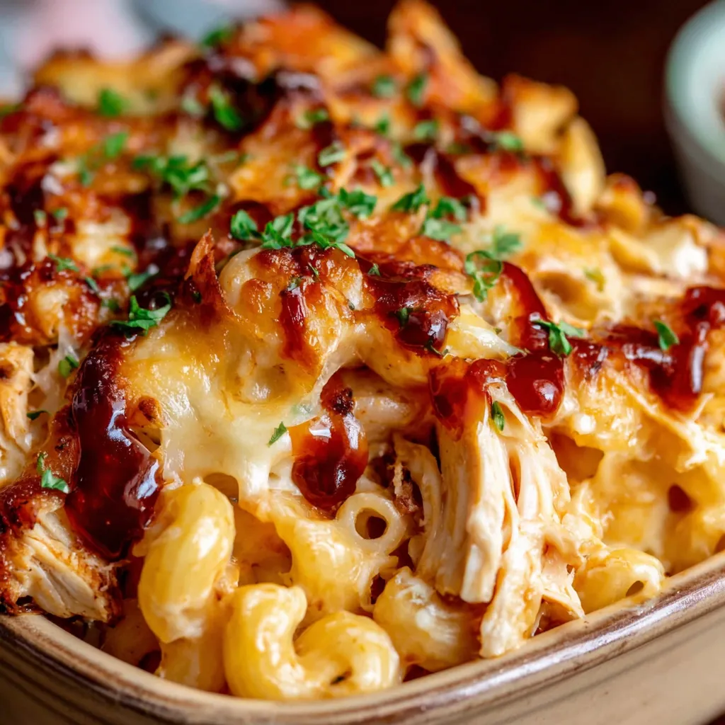 Close-up of creamy BBQ chicken mac and cheese, showcasing the cheesy texture and flavorful toppings, illustrating the comforting and delicious nature of this dish.