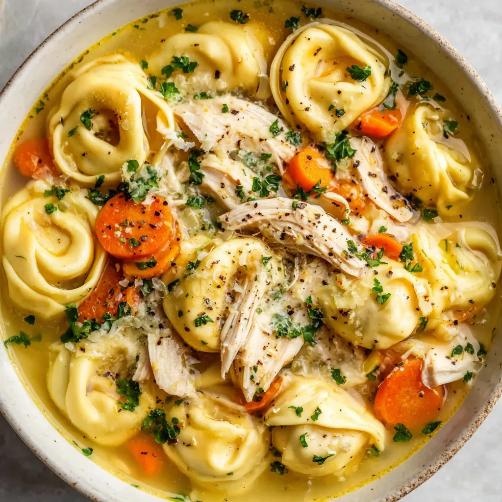 Close-up shot showcasing a delicious bowl of Chicken Tortellini Soup.
