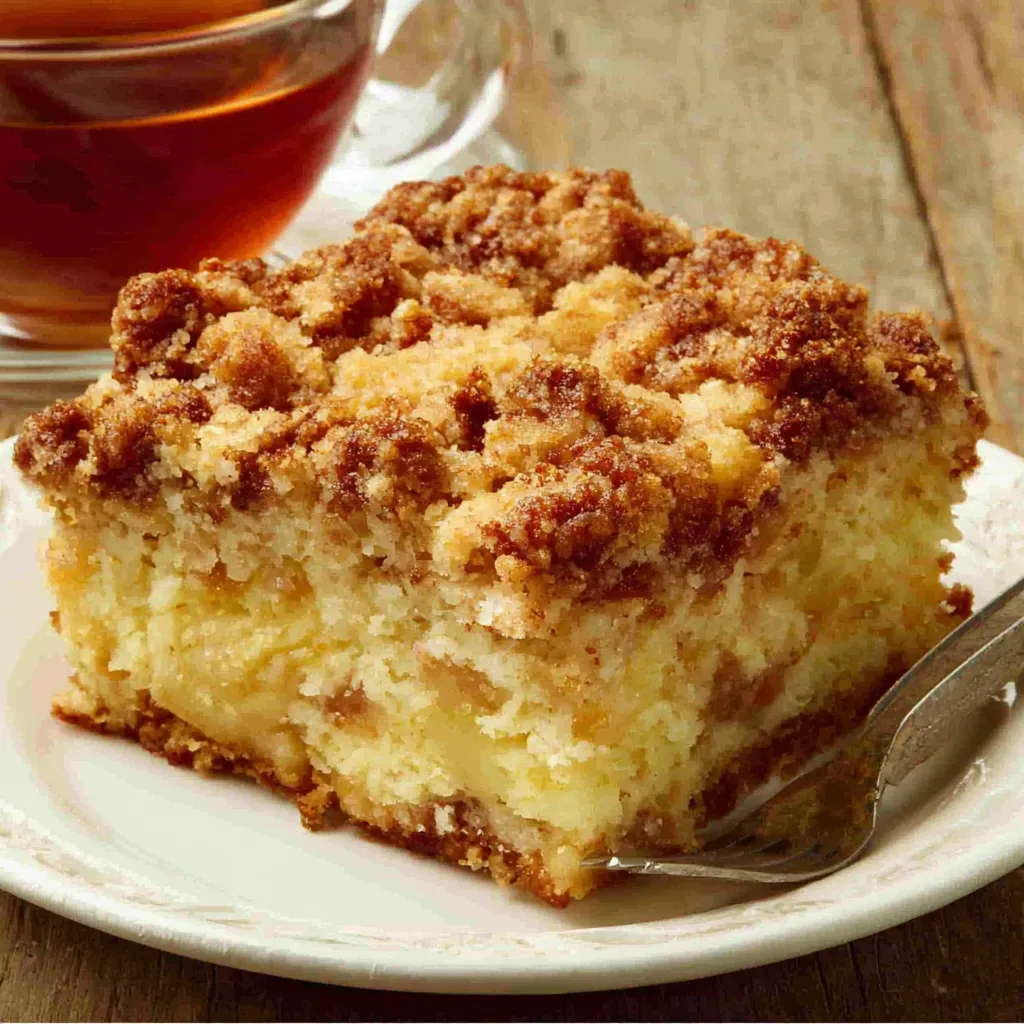 Easy apple crumb cake recipe second content image shows a close-up of the finished cake with a golden brown crumb topping.