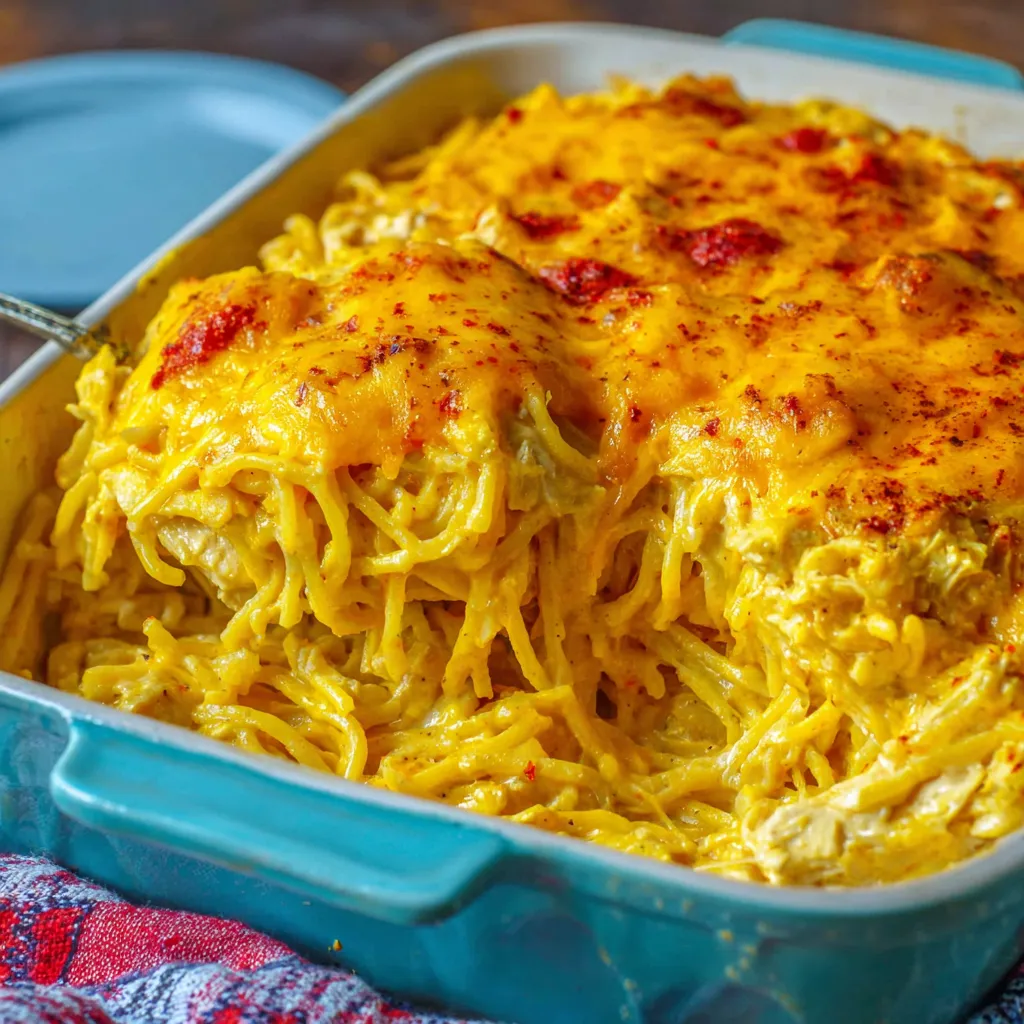 Spicy Southern Chicken Spaghetti Casserole ready to bake, showcasing the dish's creamy texture and vibrant colors before going in the oven.