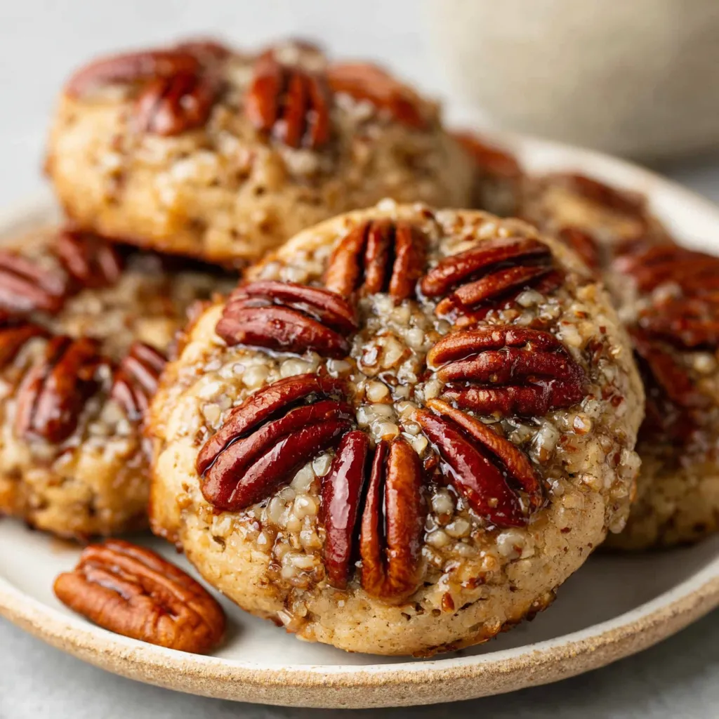Close-up view of perfectly baked pecan pie cookies showcasing their golden-brown crust and pecan topping, illustrating the texture and final appearance for a recipe on how to make the best pecan pie cookies.
