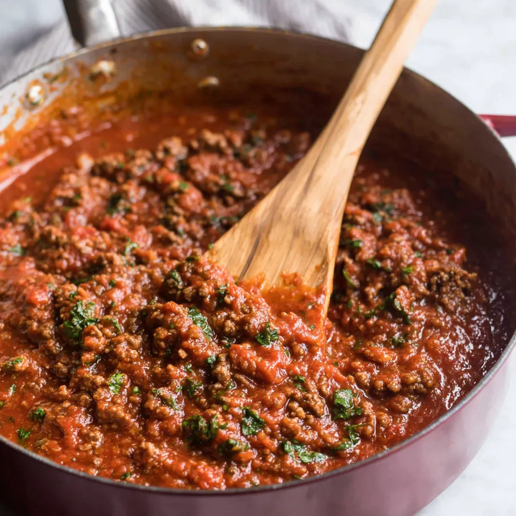 Homemade Italian spaghetti sauce simmers on the stovetop in a stockpot, ready for serving.