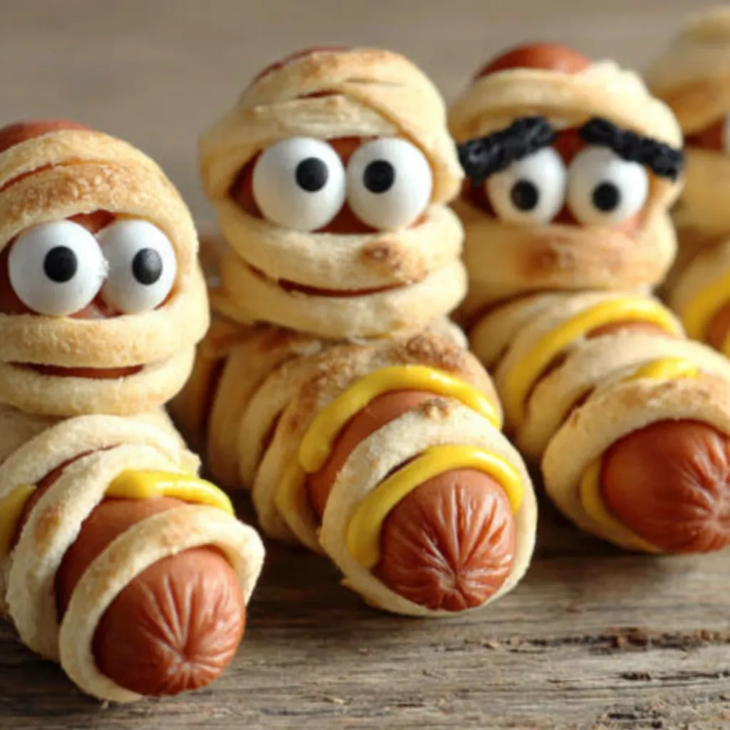 A close-up shot showcases delicious Hot Dog Mummies, perfect for a spooky Halloween treat.