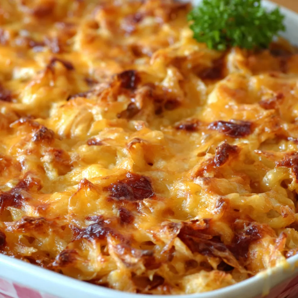 Close-up shot of creamy Smoky BBQ Chicken Mac And Cheese with visible chicken pieces and a smoky BBQ sauce drizzle.