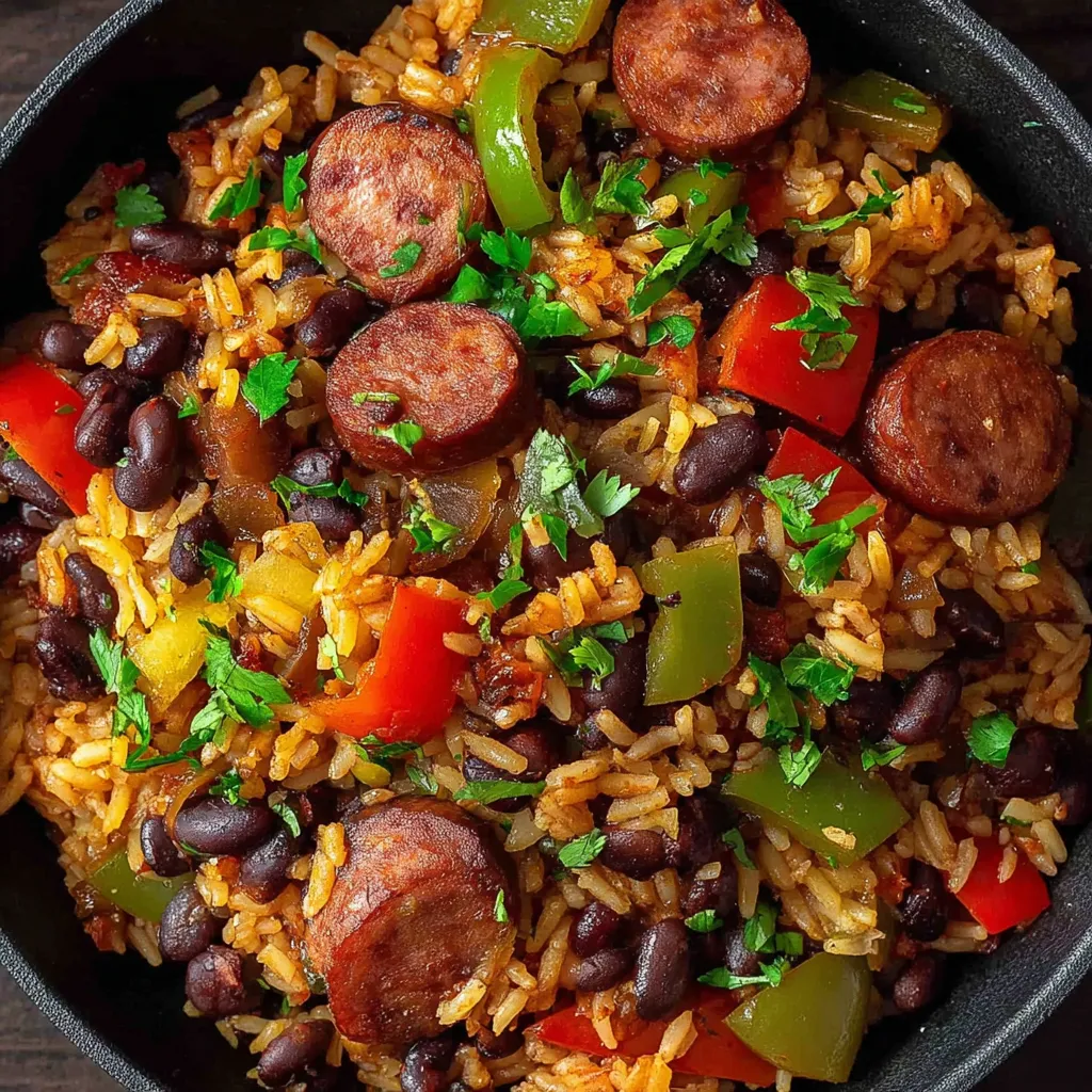 A close-up shot showcasing the vibrant colors and textures of the spicy Mexican Birria-style rice with sausage dish, complementing the article's content.