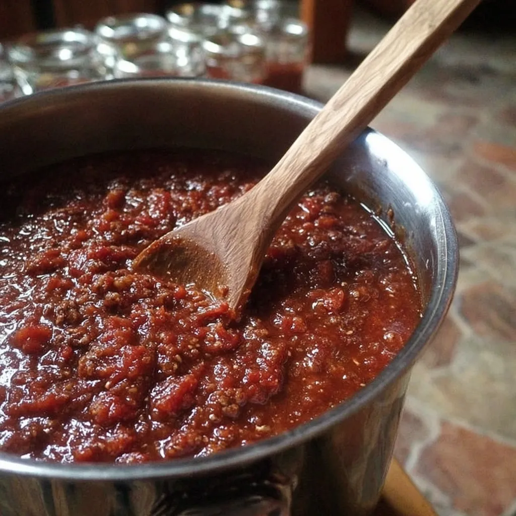 Easy homemade spaghetti sauce is shown in a glass jar, ready for canning, demonstrating a simple and delicious recipe for preserving the taste of summer.