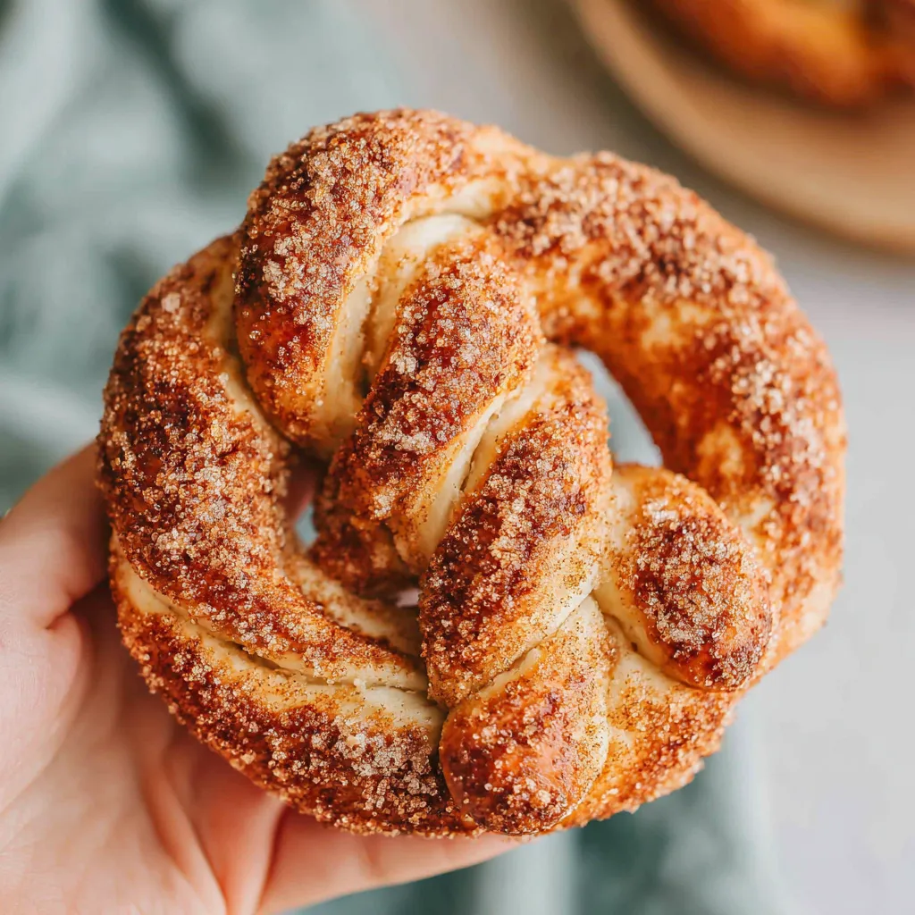 A close-up view shows golden brown, cinnamon sugar-coated soft pretzels arranged on a baking sheet, highlighting their soft texture and sweet coating, perfect for an easy homemade snack.