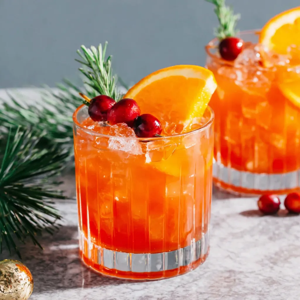 Festive cranberry orange whiskey sour cocktail in a glass with sugared cranberries and orange peel garnish provides a second look at the drink.