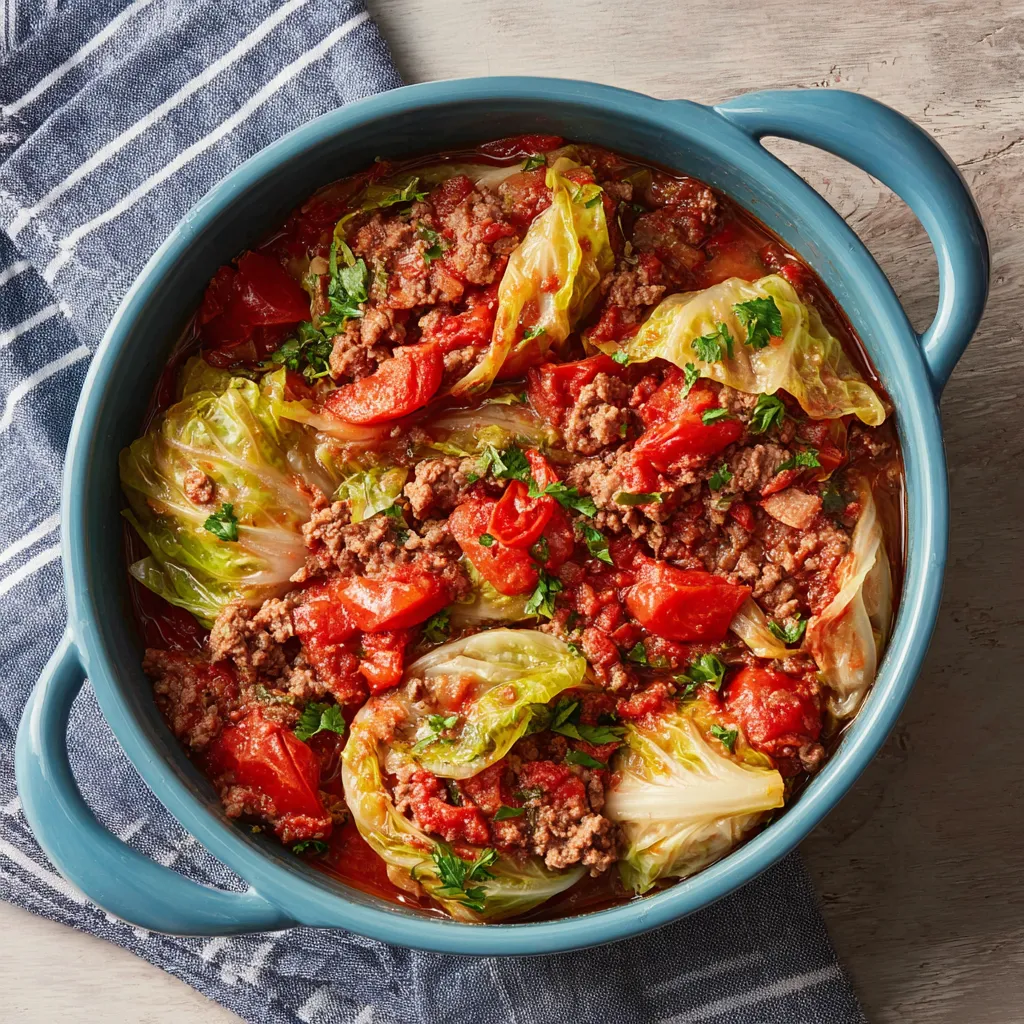 Easy Slow Cooker Unstuffed Cabbage Rolls Easy slow cooker unstuffed cabbage rolls are pictured in a white bowl, showcasing the simple, delicious, and comforting nature of this effortless recipe.
