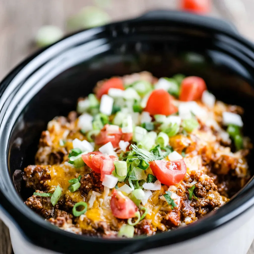 Slow Cooker Taco Casserole Recipe Easy Easy slow cooker taco casserole sits in a casserole dish, ready to be served as shown in this secondary image for the recipe.