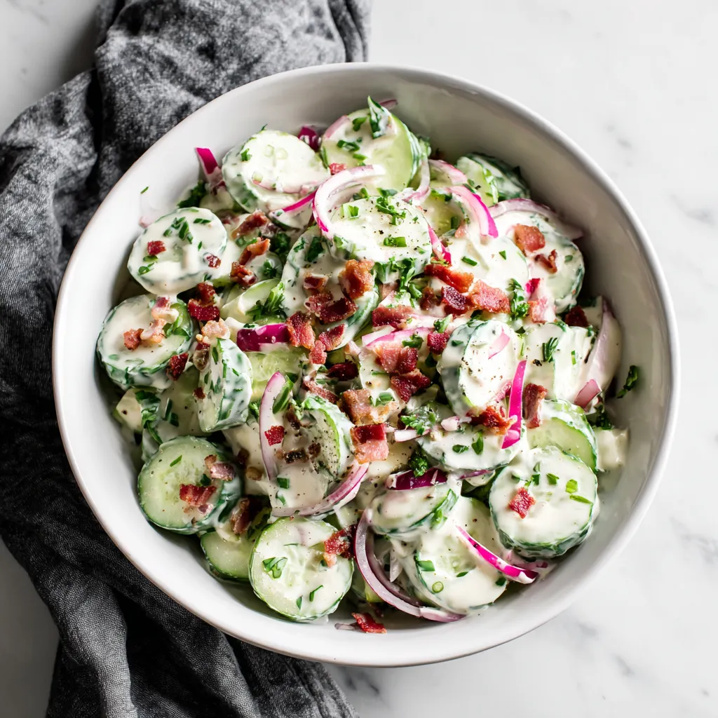 Creamy cucumber salad with bacon and cheese recipe delight shown as a delicious second serving suggestion.