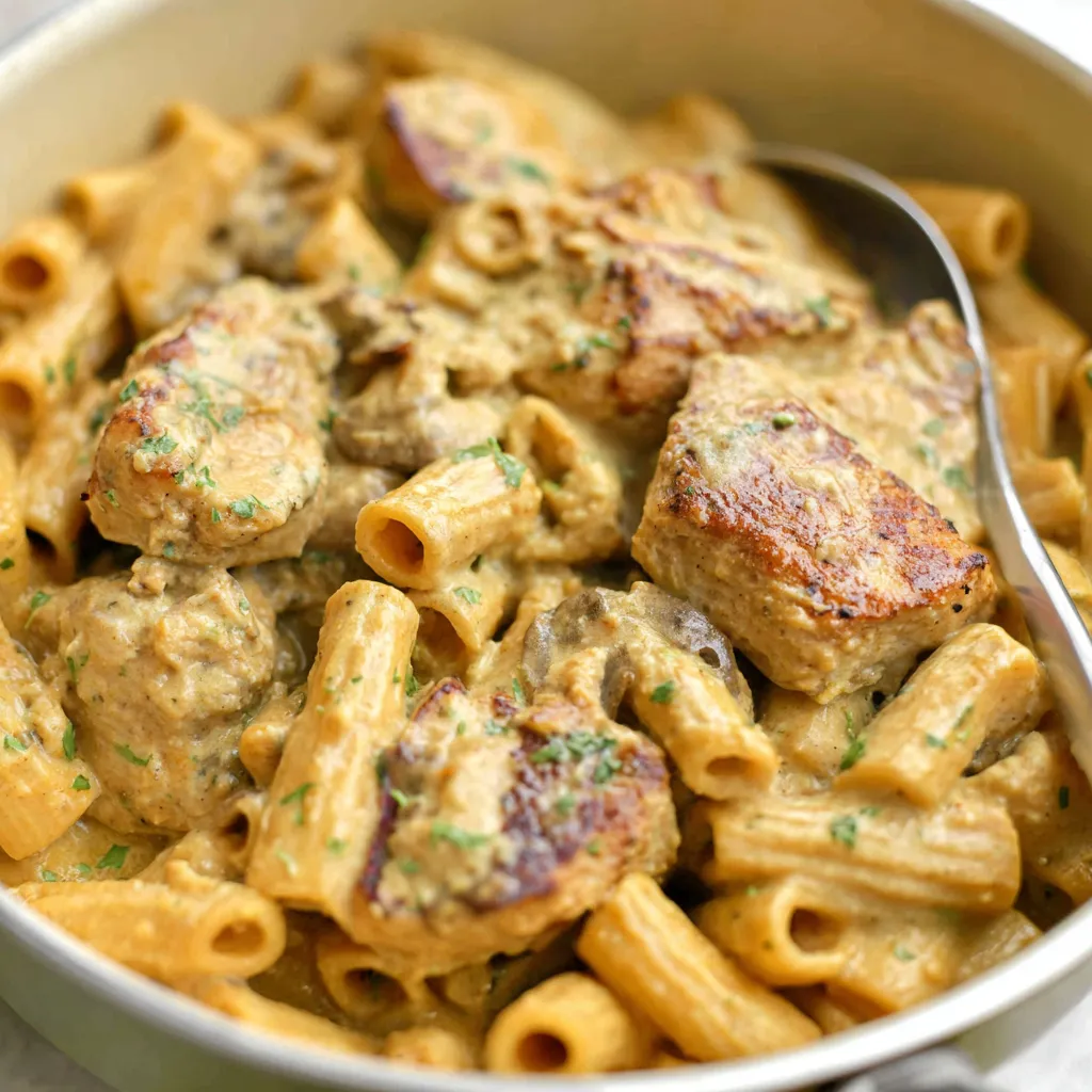 Creamy Garlic Parmesan Chicken Pasta is shown in a close-up shot, highlighting its creamy sauce and tender chicken.