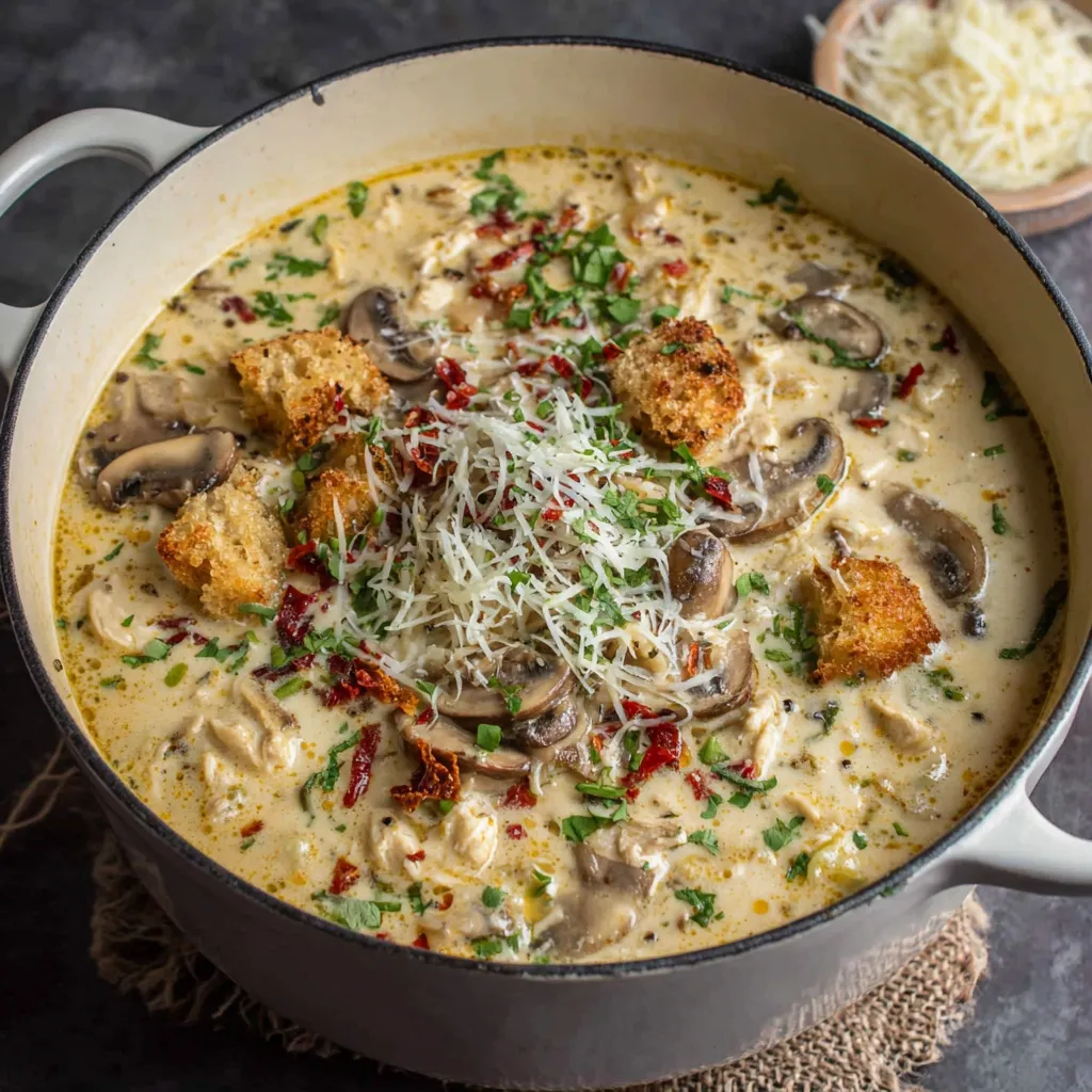 Easy creamy Italian ground chicken soup is shown in a bowl, highlighting its delicious texture and comforting flavors.