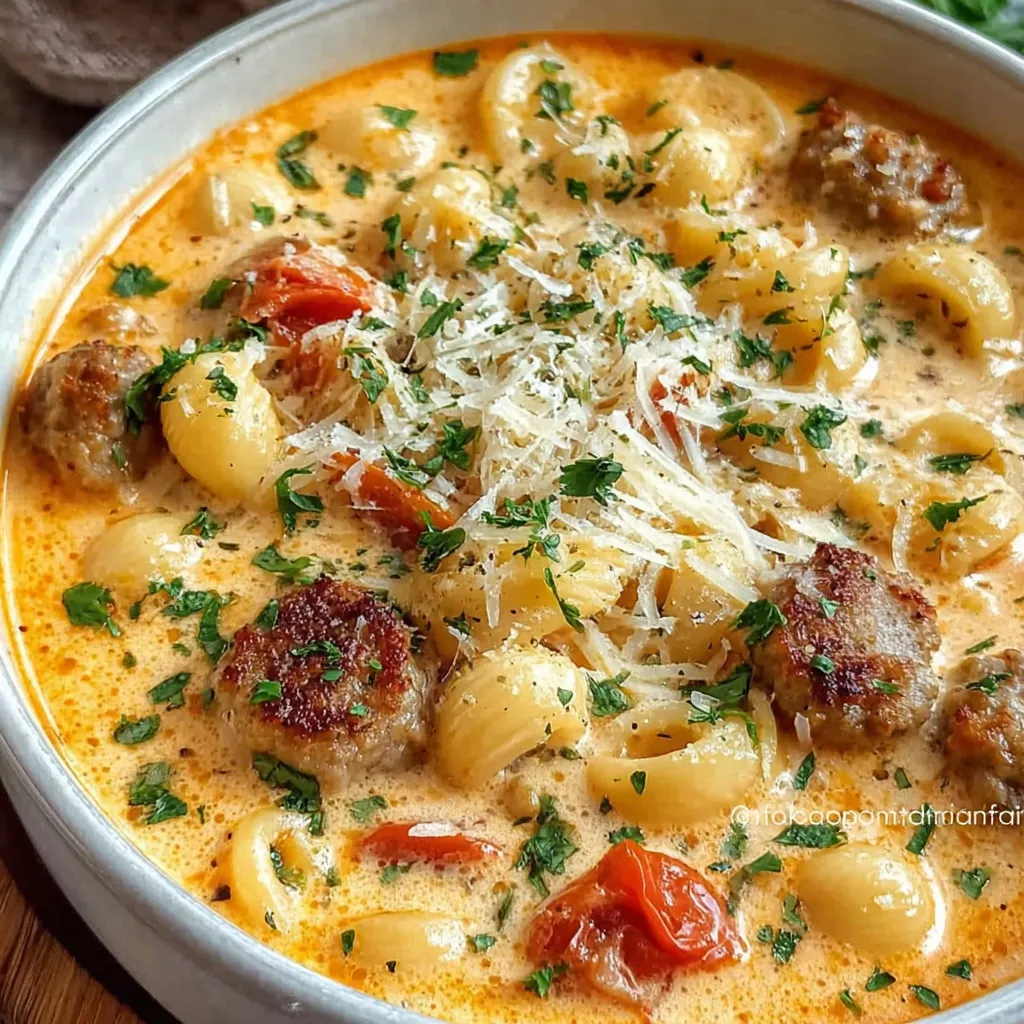 Creamy parmesan Italian sausage dinner served in a skillet is shown, highlighting the ease of making this delicious meal.