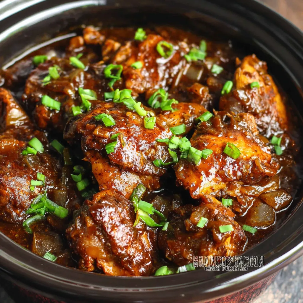 Crock Pot Bourbon Chicken Recipe Close-up view of delicious, saucy Bourbon Chicken freshly made in a crock pot, showcasing its tender texture and rich glaze for an article about the best Crock Pot Bourbon Chicken recipe.