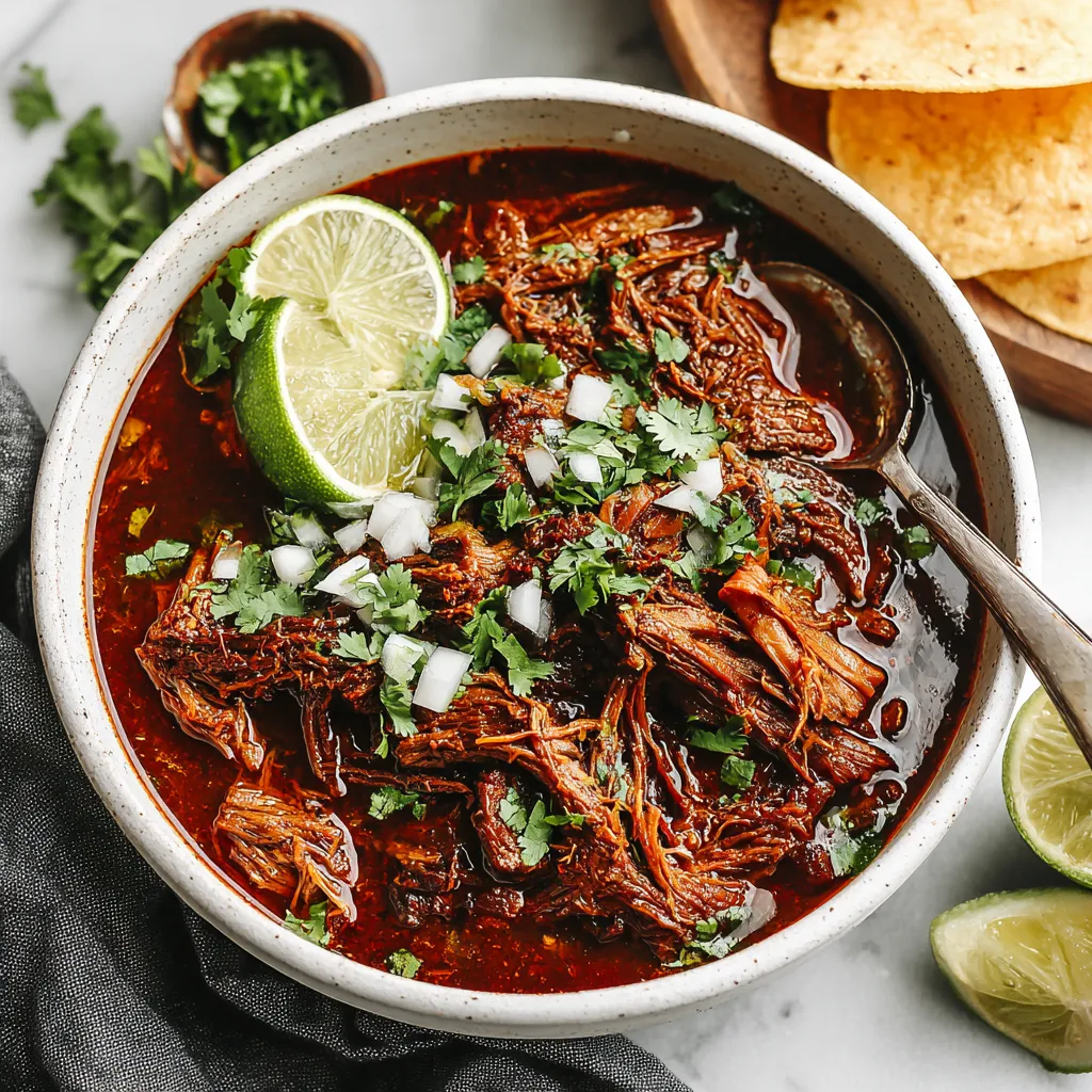 Easy crockpot Mexican beef birria simmers in a slow cooker, showcasing a delicious and convenient way to prepare this flavorful dish.