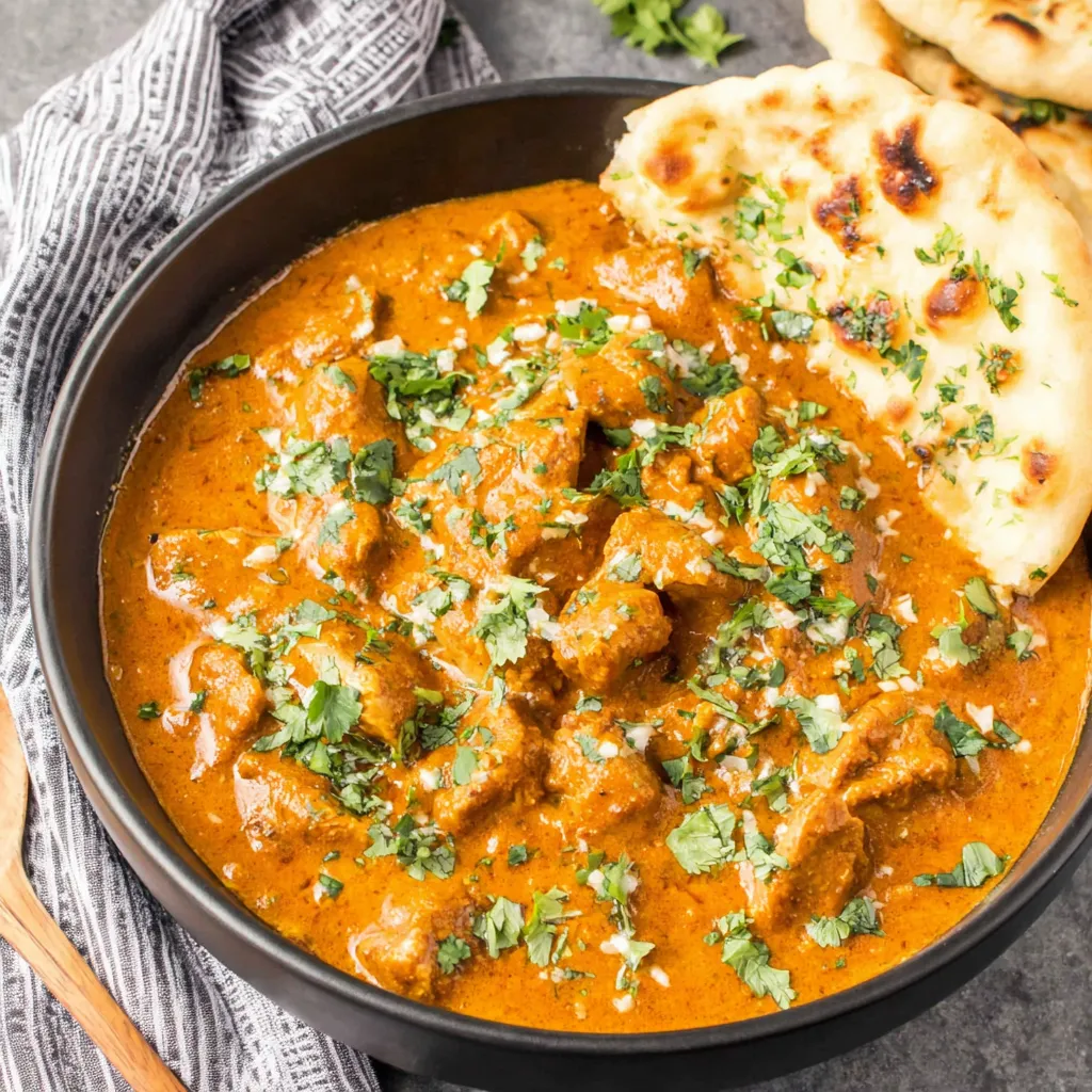 Crockpot Butter Chicken Recipe Easy Second Easy Crockpot Butter Chicken simmers in a slow cooker, showcasing its creamy texture and vibrant color.