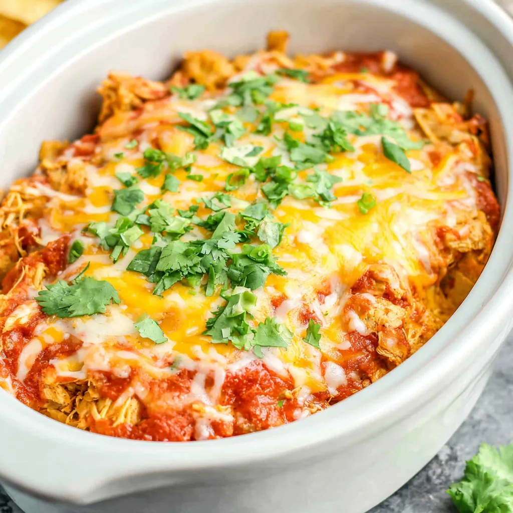 Crockpot Chicken Enchilada Casserole, Easy Easy heart crockpot chicken enchilada casserole looks warm and delicious in a close-up shot.