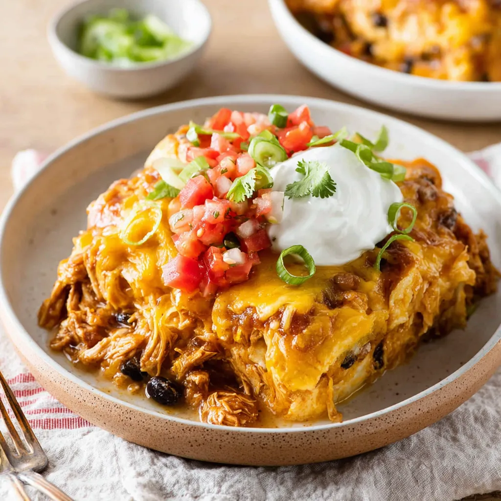 Easy Crockpot Chicken Enchilada Casserole ready to serve, showcasing the cheesy, bubbly top and colorful layers of ingredients.