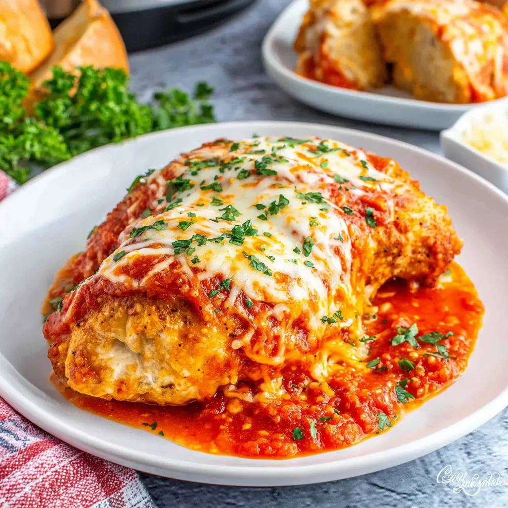 Easy Crockpot Chicken Parmesan second content image showcasing the finished dish ready to be served.