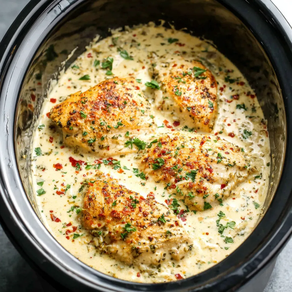 Creamy Crockpot Garlic Parmesan Chicken is served and ready to eat, pictured here as the second content image, showcasing the final dish.