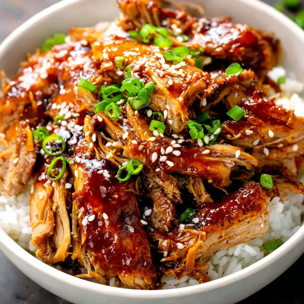 Easy dump and go crockpot teriyaki chicken is shown cooked in a slow cooker, ready to be served.