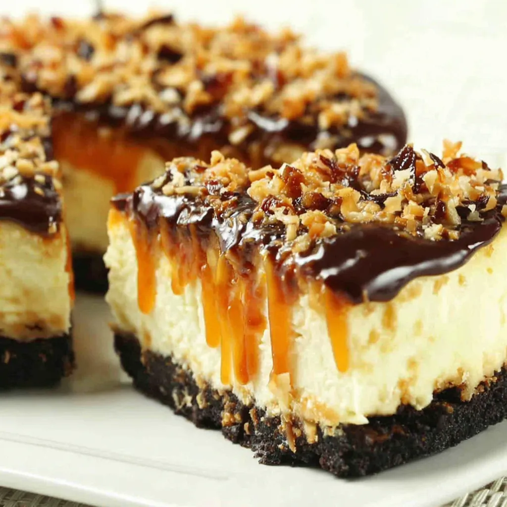 A decadent slice of creamy Samoa cheesecake sits on a white plate, showcasing golden caramel drizzle, toasted coconut flakes, and chocolate cookie crust against a soft-focus kitchen background.