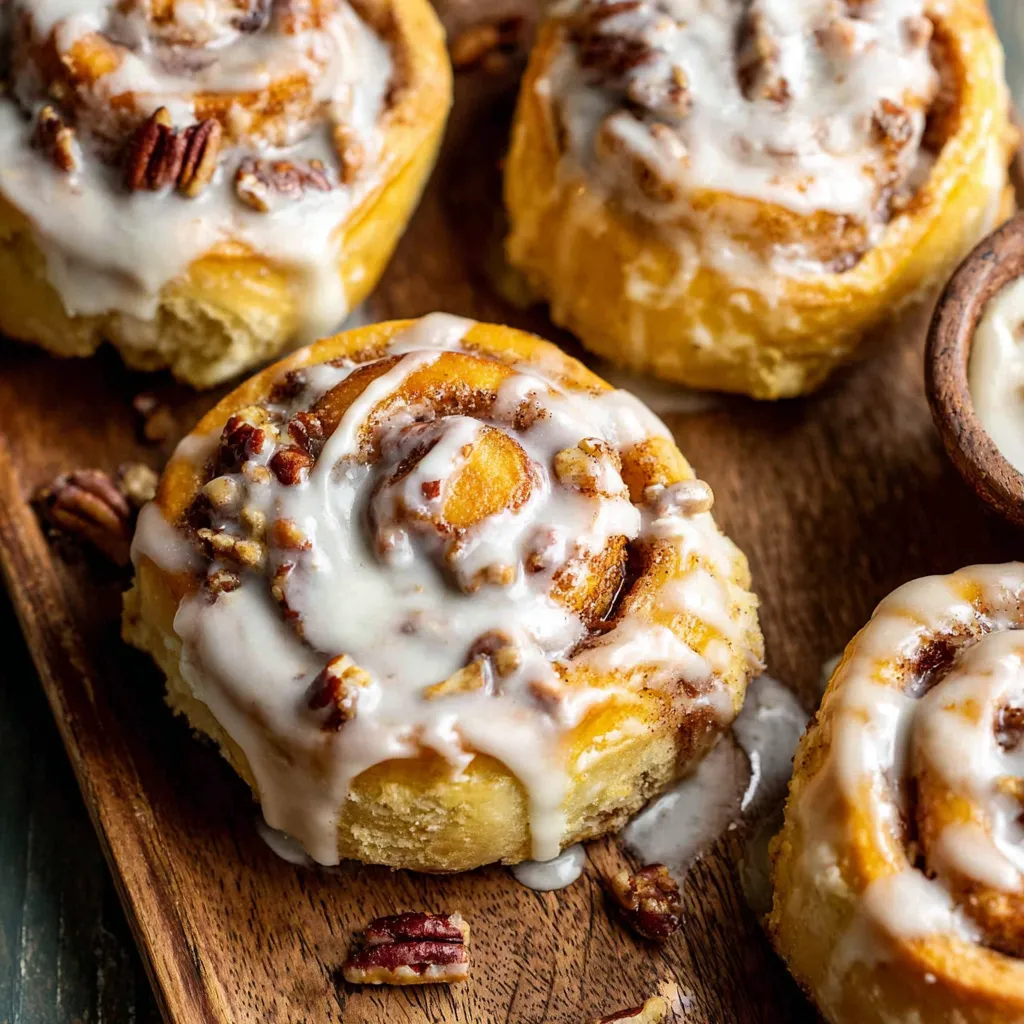 Close-up view of freshly baked, golden brown apple cinnamon rolls drizzled with creamy icing, showcasing the delicious and easy-to-make dessert recipe.