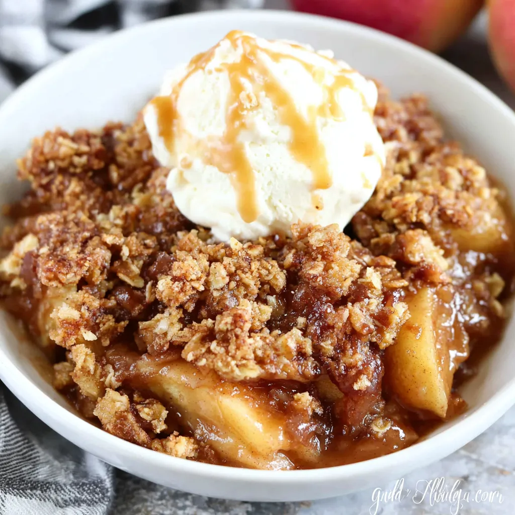 Close-up shot of a warm, golden brown apple crisp with a crumbly topping, showcasing the delicious texture and inviting appearance of this easy cozy apple crisp recipe.