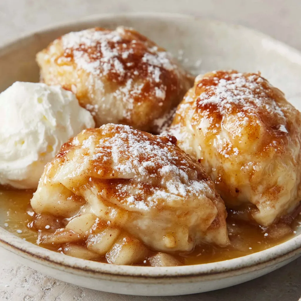 Easy Apple Dumplings Recipe Close-up of freshly baked, golden-brown country apple dumplings, showcasing their flaky crust and sweet apple filling, perfect for a delicious dessert.