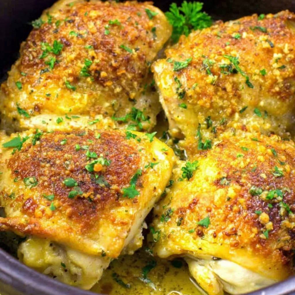Close-up of Garlic Parmesan Crockpot Chicken served in a white bowl, showcasing the creamy sauce and tender chicken.