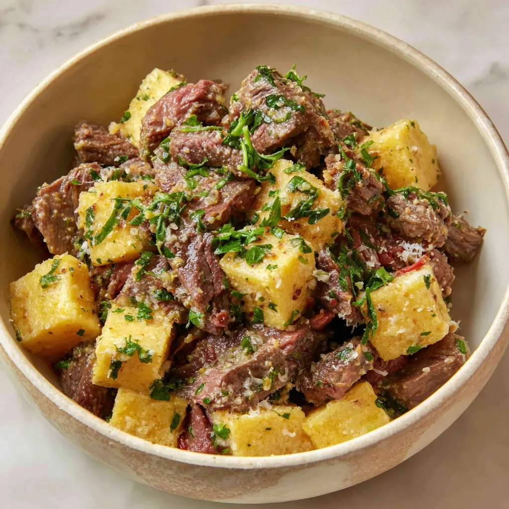 A sizzling skillet of tender beef slices coated in a rich, golden-brown parmesan garlic crust, showcasing the recipe's mouthwatering blend of savory flavors and crispy texture.