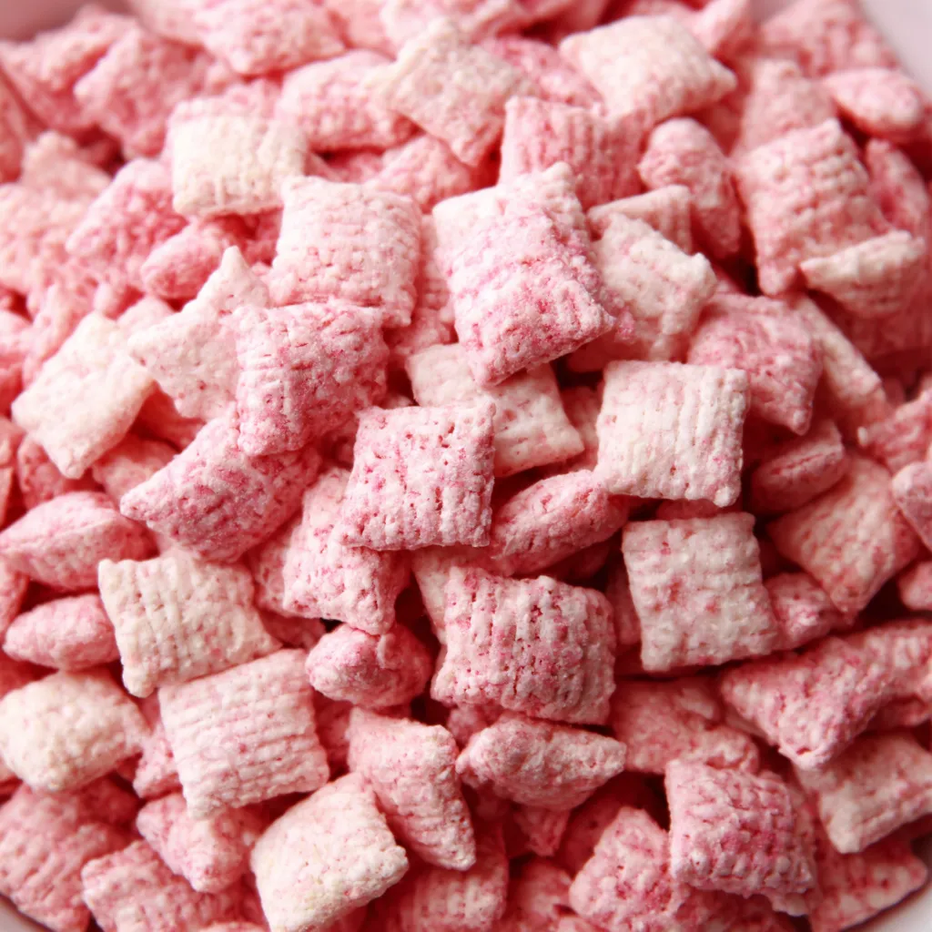Close up of the finished Fluffy Strawberry Shortcake Puppy Chow recipe, showcasing the powdered sugar coating and strawberry pieces.