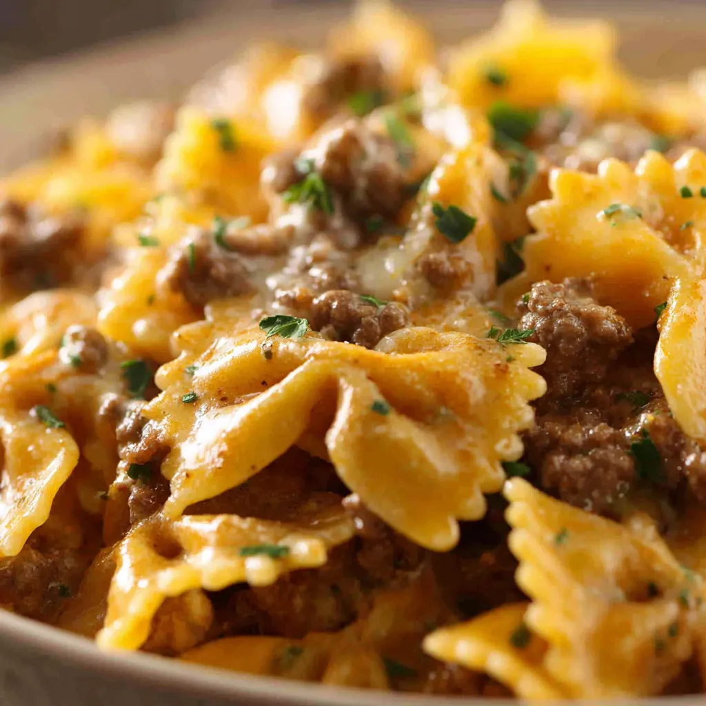 Close-up showcases a delicious serving of Garlic Butter Bowtie Beef Pasta, highlighting the creamy sauce and tender beef.